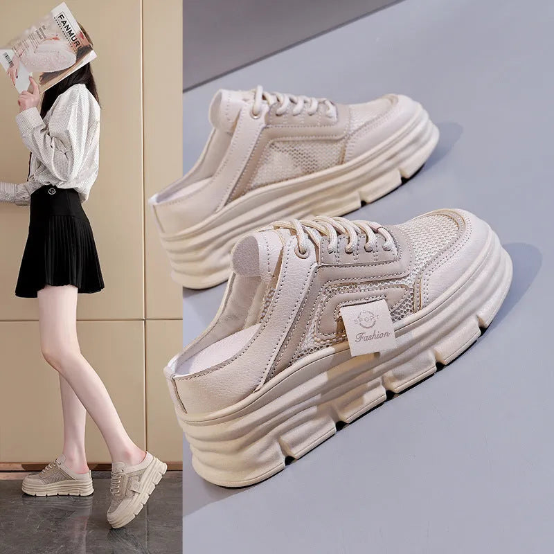 Women's mesh half slippers with height increasing insole in black, khaki or white