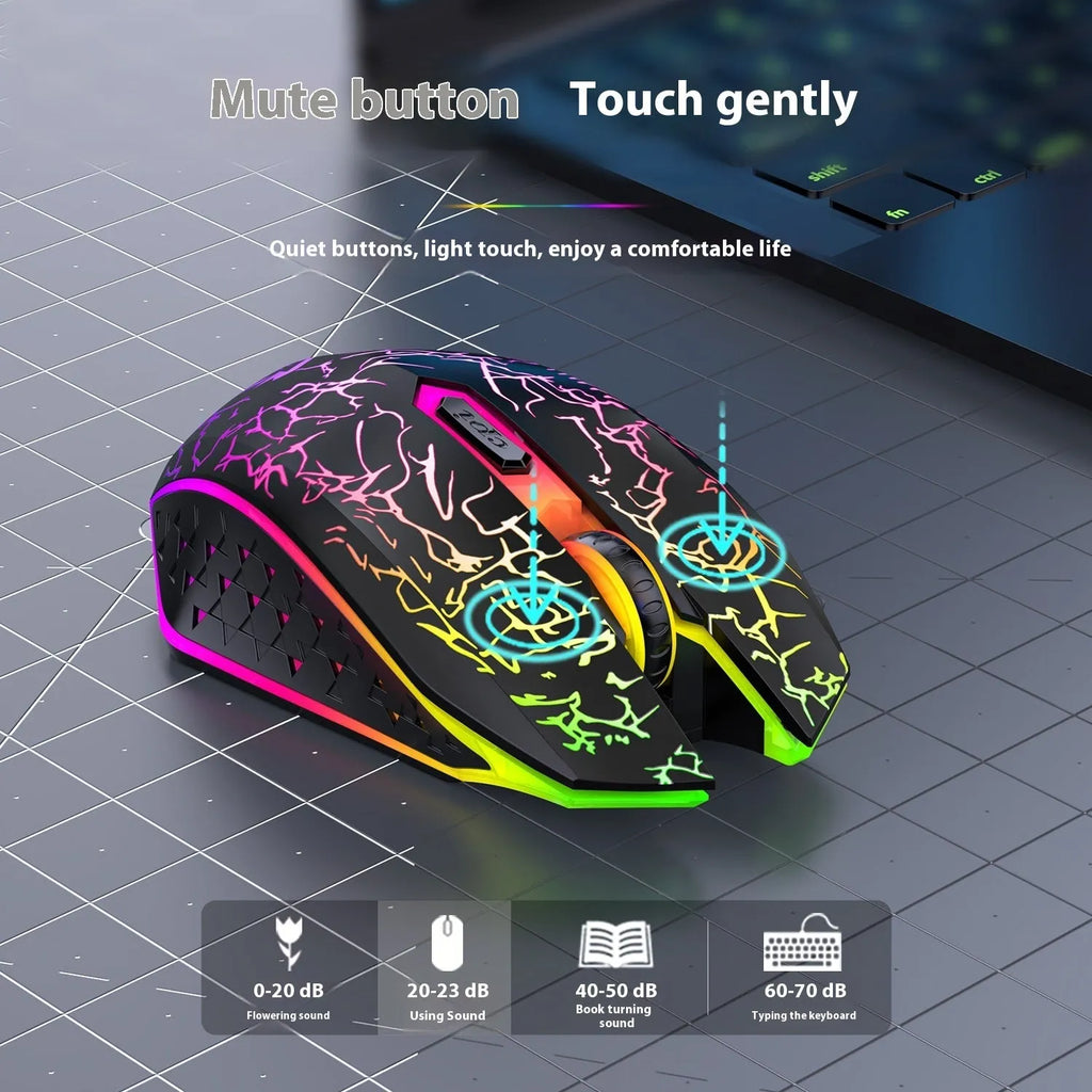 Black and white wireless gaming mouse with luminous breathing light and charging cable for desktop computers