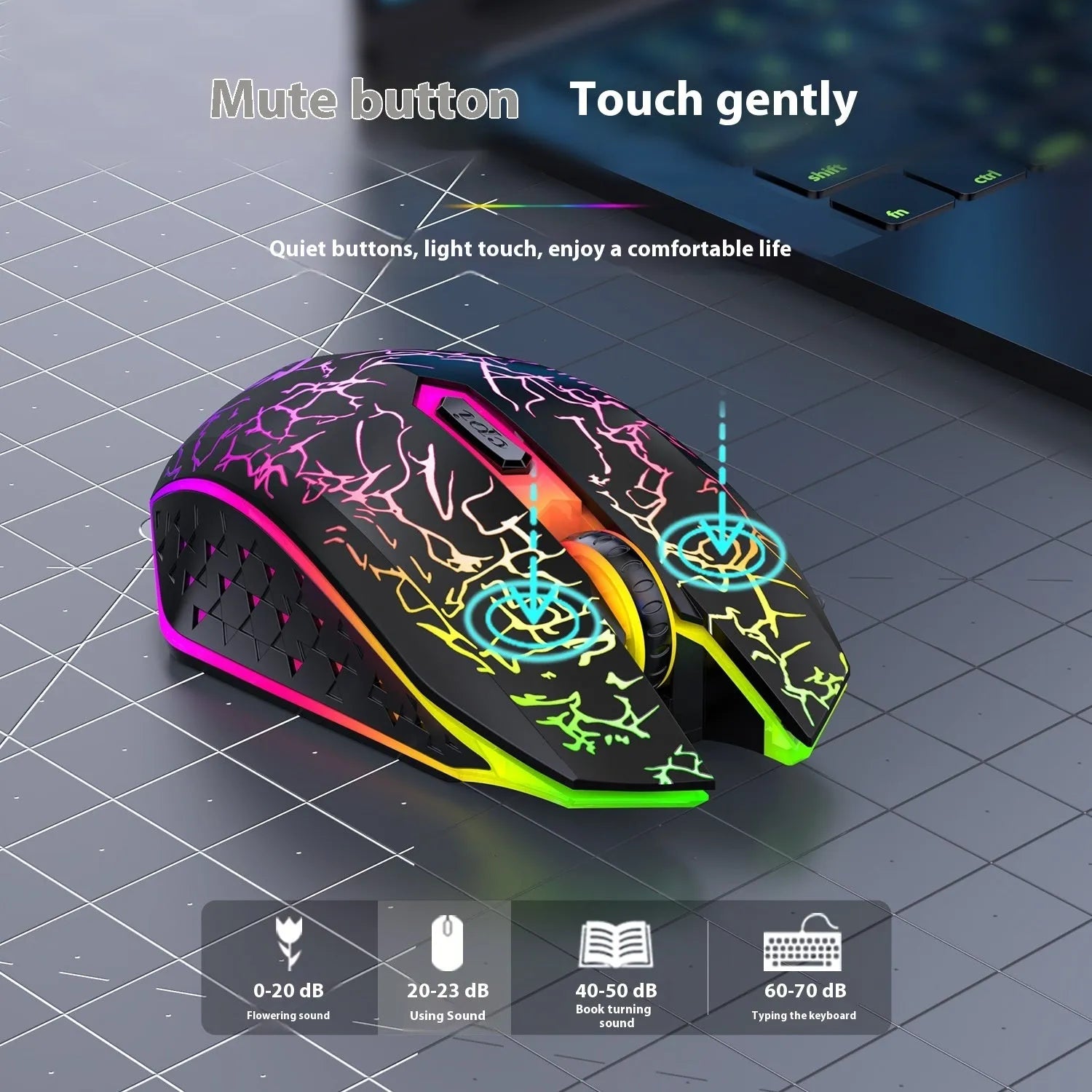 Black and white wireless gaming mouse with luminous breathing light and charging cable for desktop computers