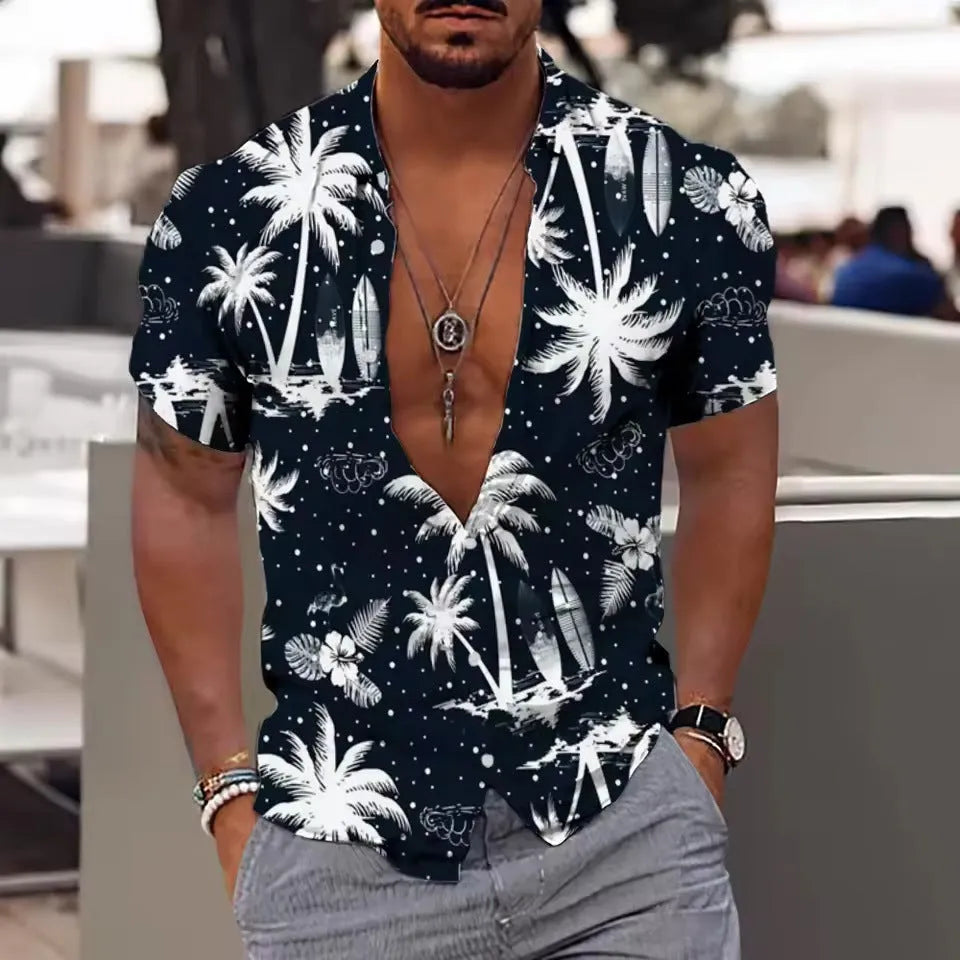 Men's loose fit floral printed beach shirt cardigan with short sleeves for summer wear