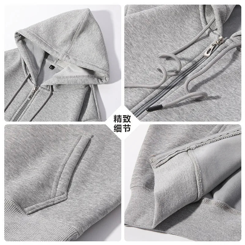 A plus size man wearing a heavy grey zip-up hooded cardigan sweater with side pockets.