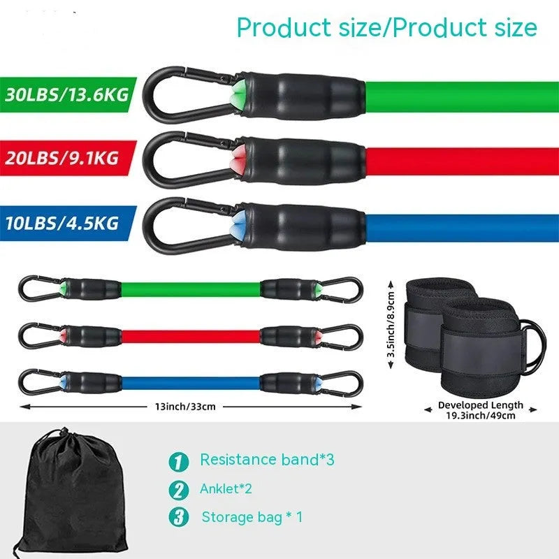 TPE resistance band set with three tension levels and ankle foot loops for leg workouts