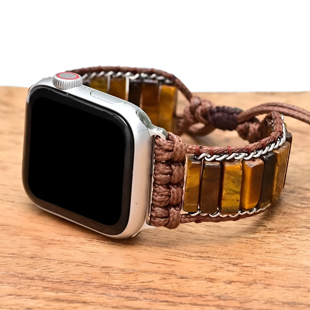 Rectangular tiger eye stone chain watch strap on adjustable textile band for 38-45mm watches