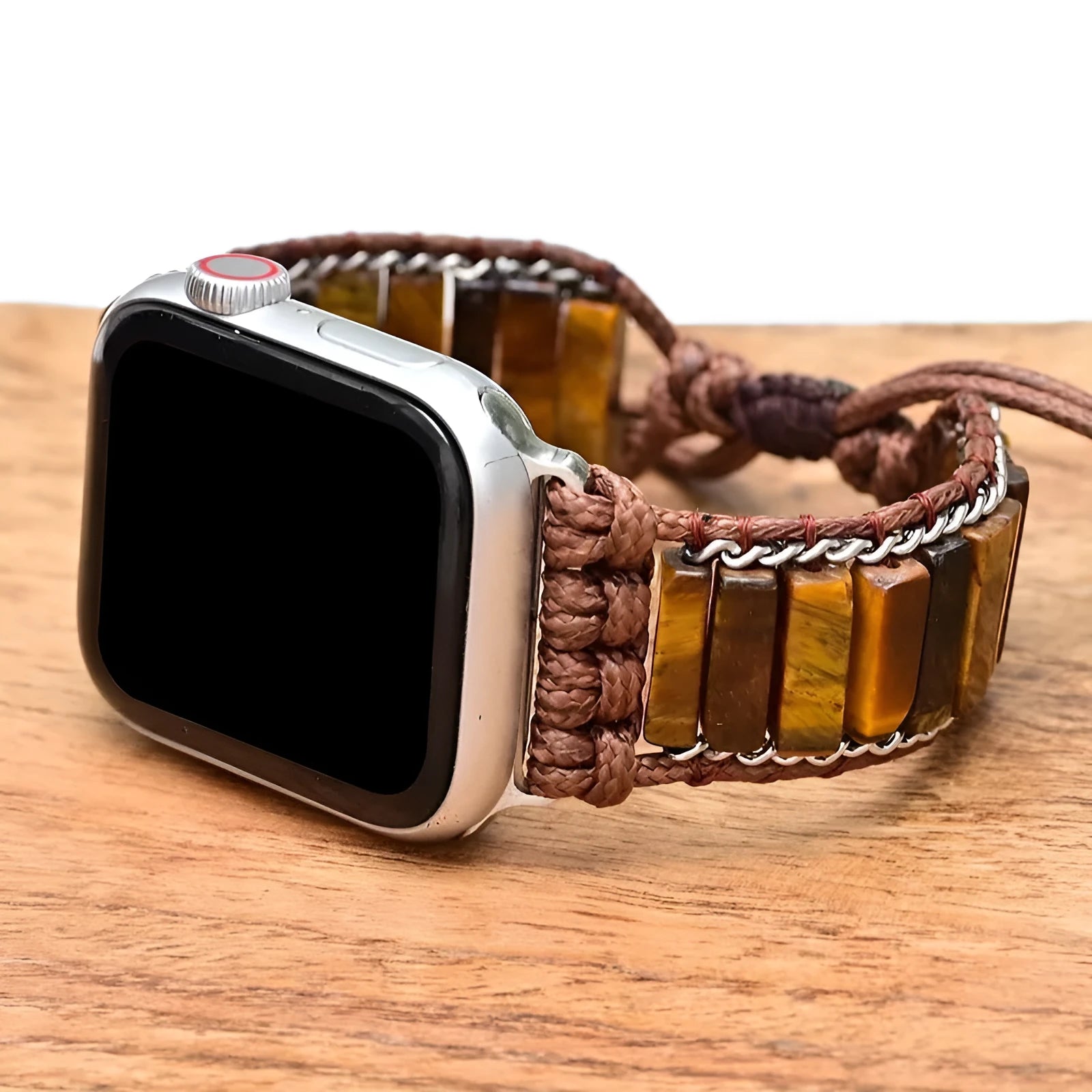 Rectangular tiger eye stone chain watch strap on adjustable textile band for 38-45mm watches