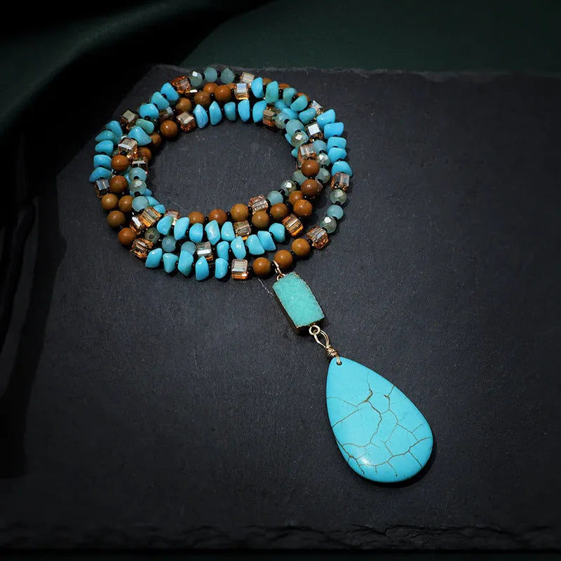 Turquoise water drop pendant necklace with mixed gemstone inlay on 81cm ball bead chain