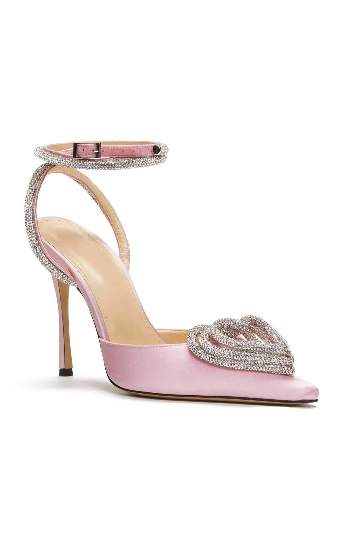 Women's pointed toe sandals with heart rhinestones on satin upper, showing adjustable winding tape or cross belt style.
