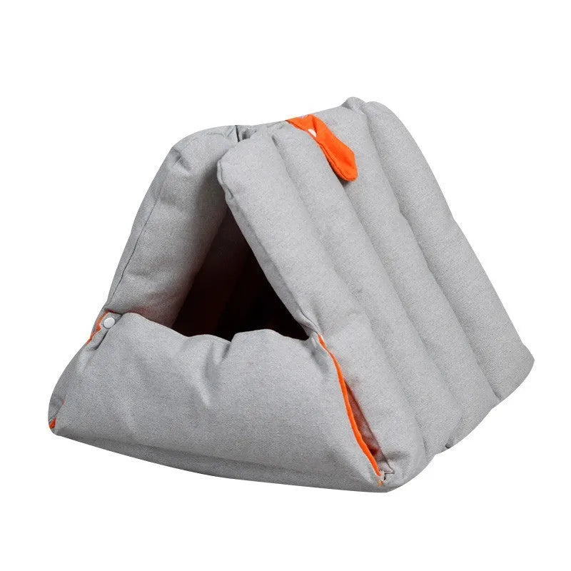 Blue triangular cotton cat nest bed with drilled holes for combination.