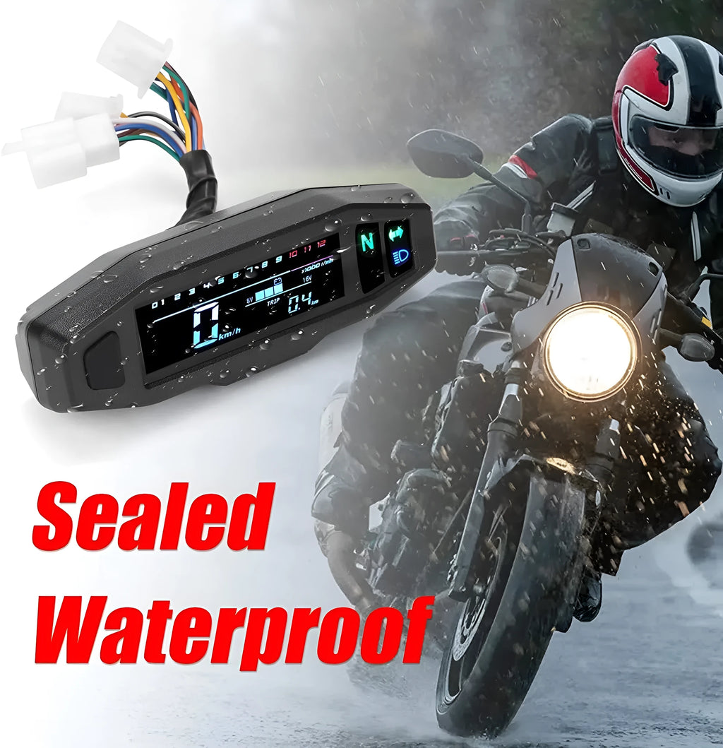 Black motorcycle mini LCD speedometer with backlit display showing digital readouts