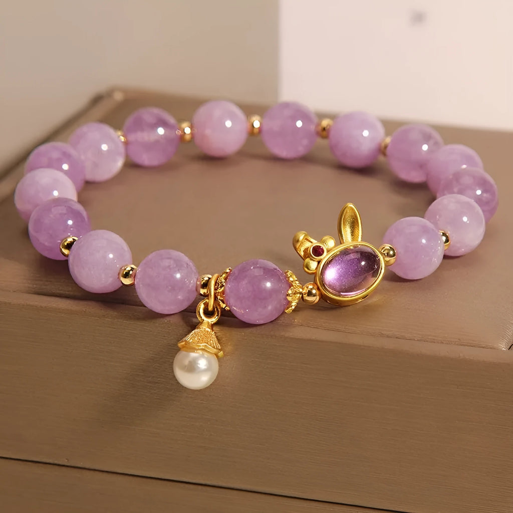 Natural mauve jade crystal rabbit bracelet with hare head charm on crystal beads, mori style, 18cm length
