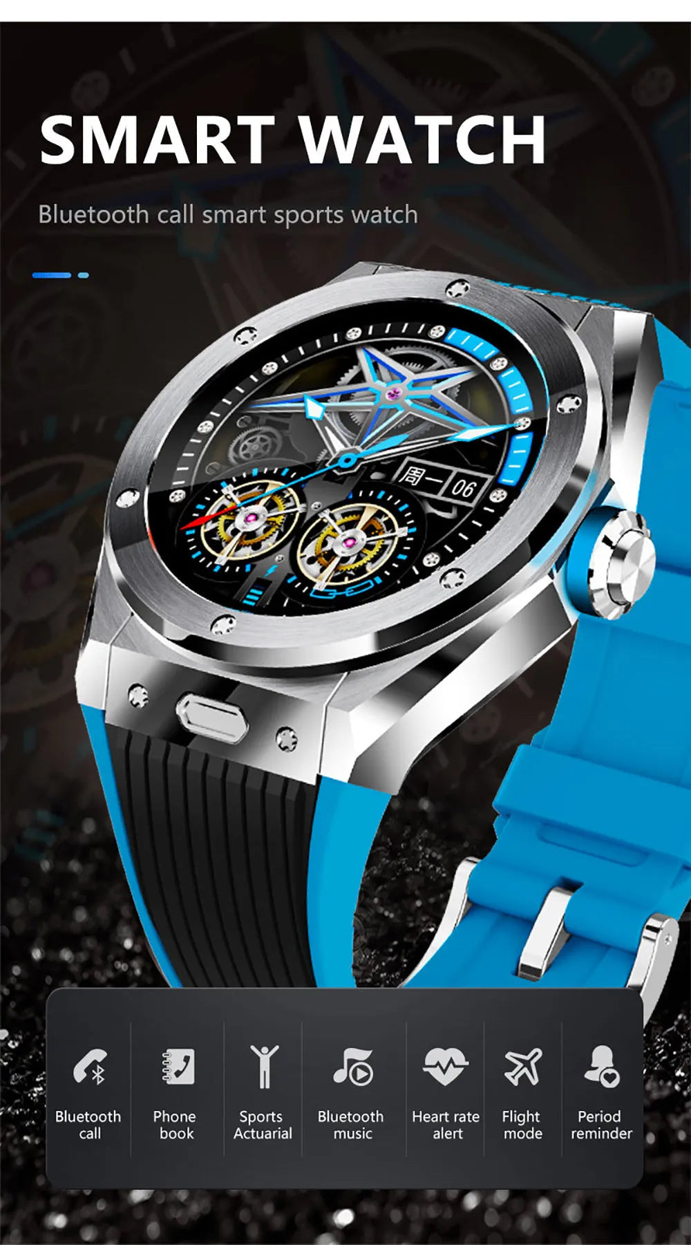 MV58 black smart watch with silicone strap showing health stats on its screen.