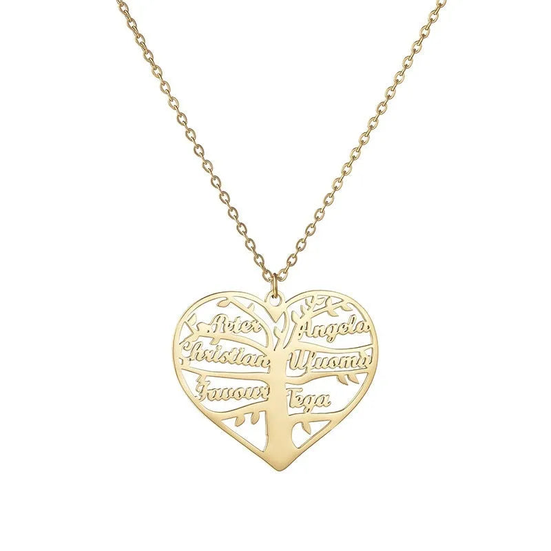 Custom hollow heart lucky tree titanium steel necklace with engraved names in silver gold and rose gold finishes