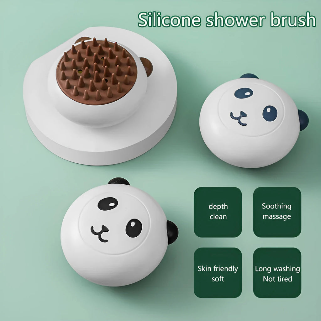 Panda-shaped silicone pet shower brush for dogs and cats in assorted colours.