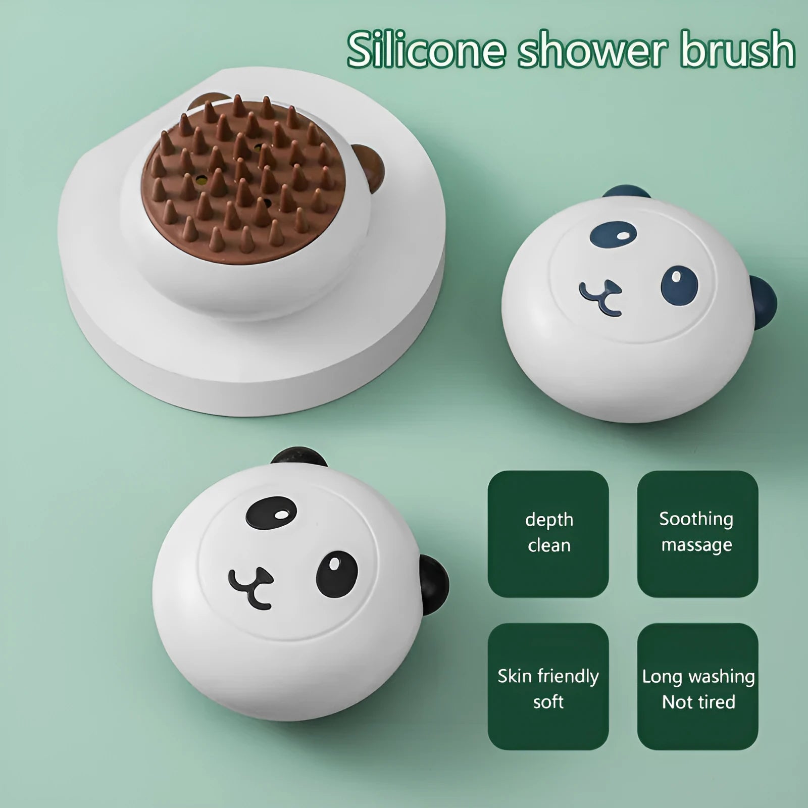 Panda-shaped silicone pet shower brush for dogs and cats in assorted colours.