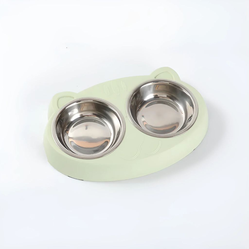 Plastic double bowl pet feeder tray in macaron colours for cat and dog food and water
