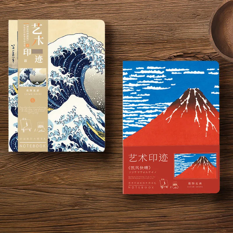 Ukiyo-e Kanagawa surfing scene hand ledger notebook showing retro style and dimensions