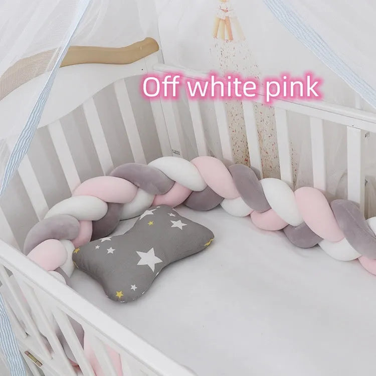Braided knot baby crib bumper pillow in spandex velvet showing bendable design and colour options.