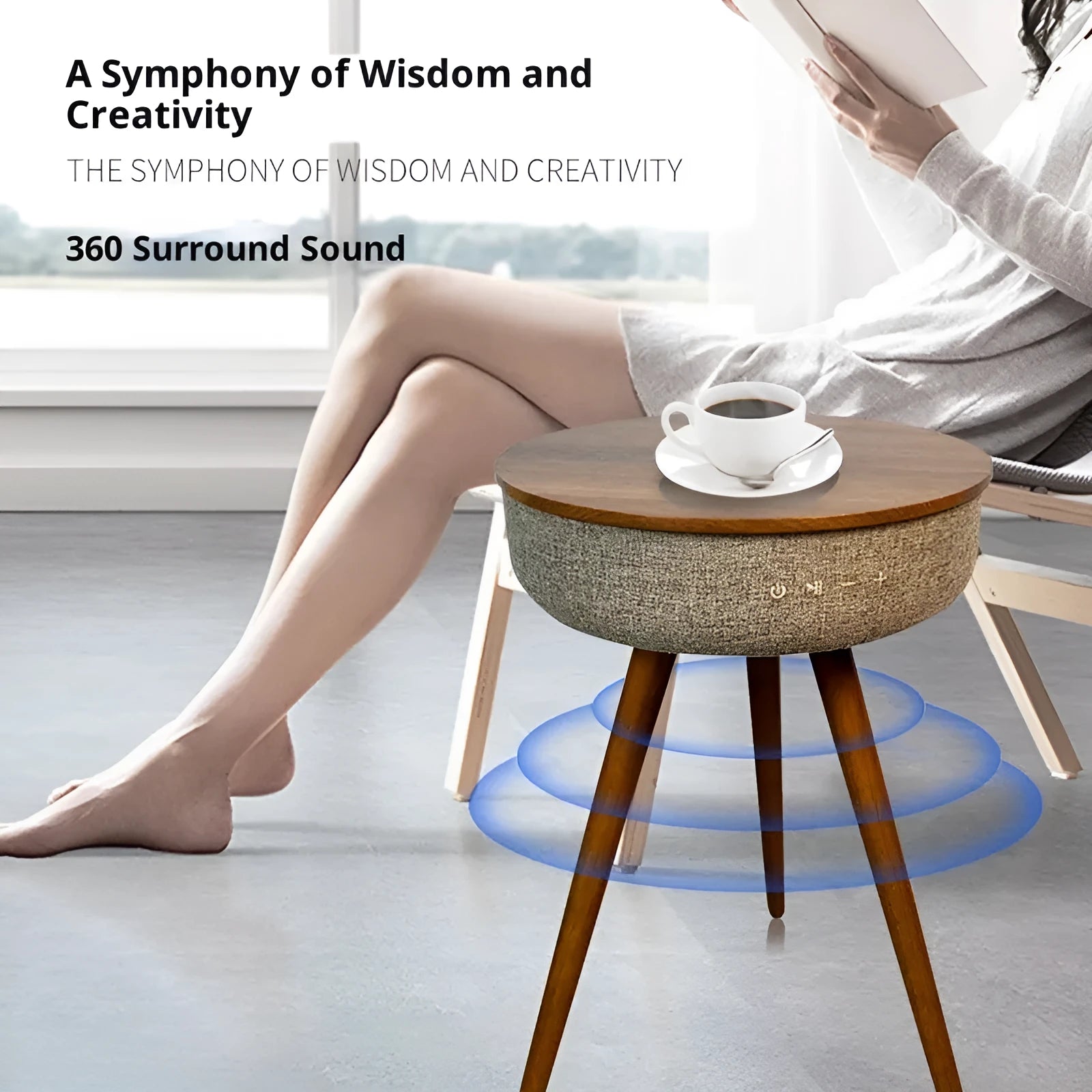 Round smart side table with wood texture finish, built-in Bluetooth speaker and wireless charging pad for home and outdoor use