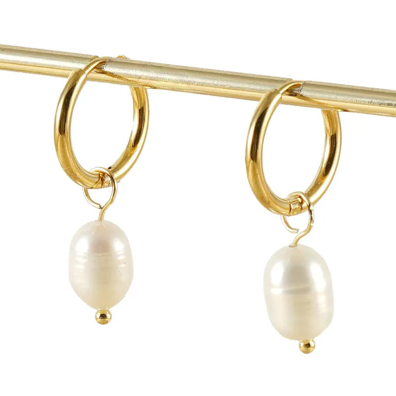 Gold geometric stainless steel earrings with pearl decorative element for women
