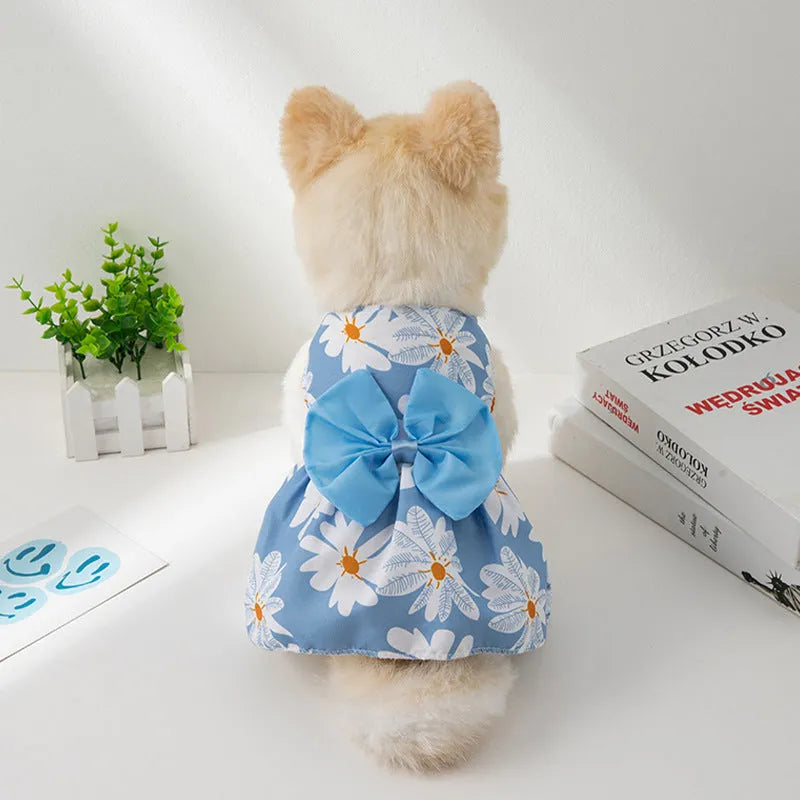 Polyester pet dress with floral butterfly princess design and decorative bow in multiple colour options