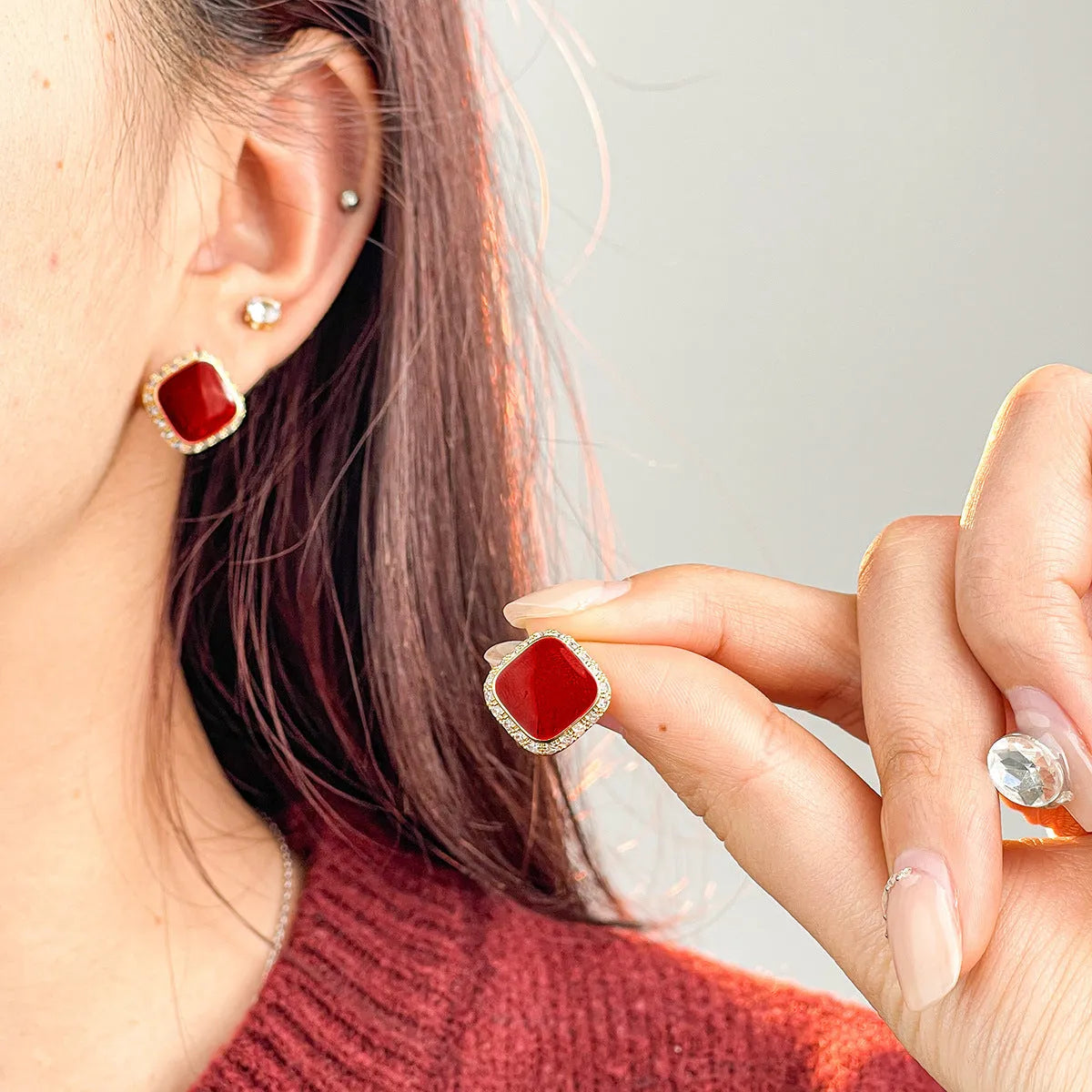 Red alloy plate earrings with inlaid square geometric design for women