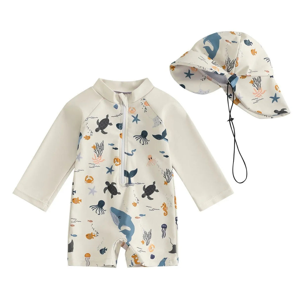 Boys one-piece long sleeve polyester swimsuit with hat in light blue cartoon pattern