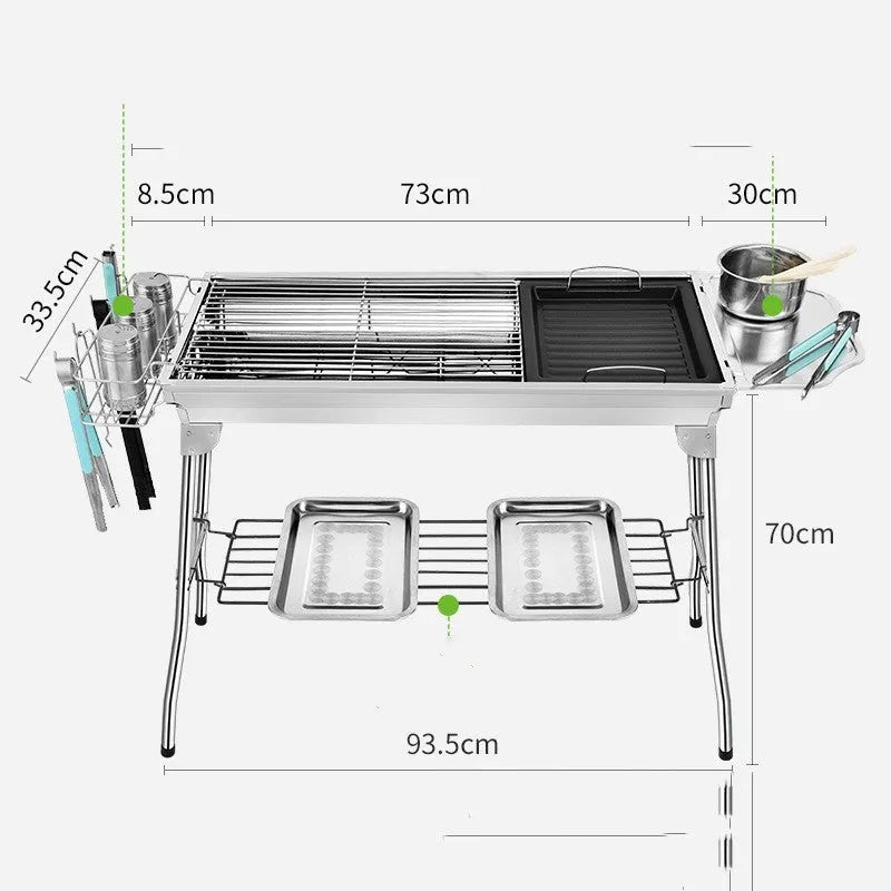 Stainless steel portable folding barbecue grill with large cooking area for outdoor use