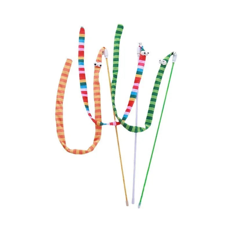 Cat wand toy with colourful plush strip and bell on a polycarbonate pole for interactive play