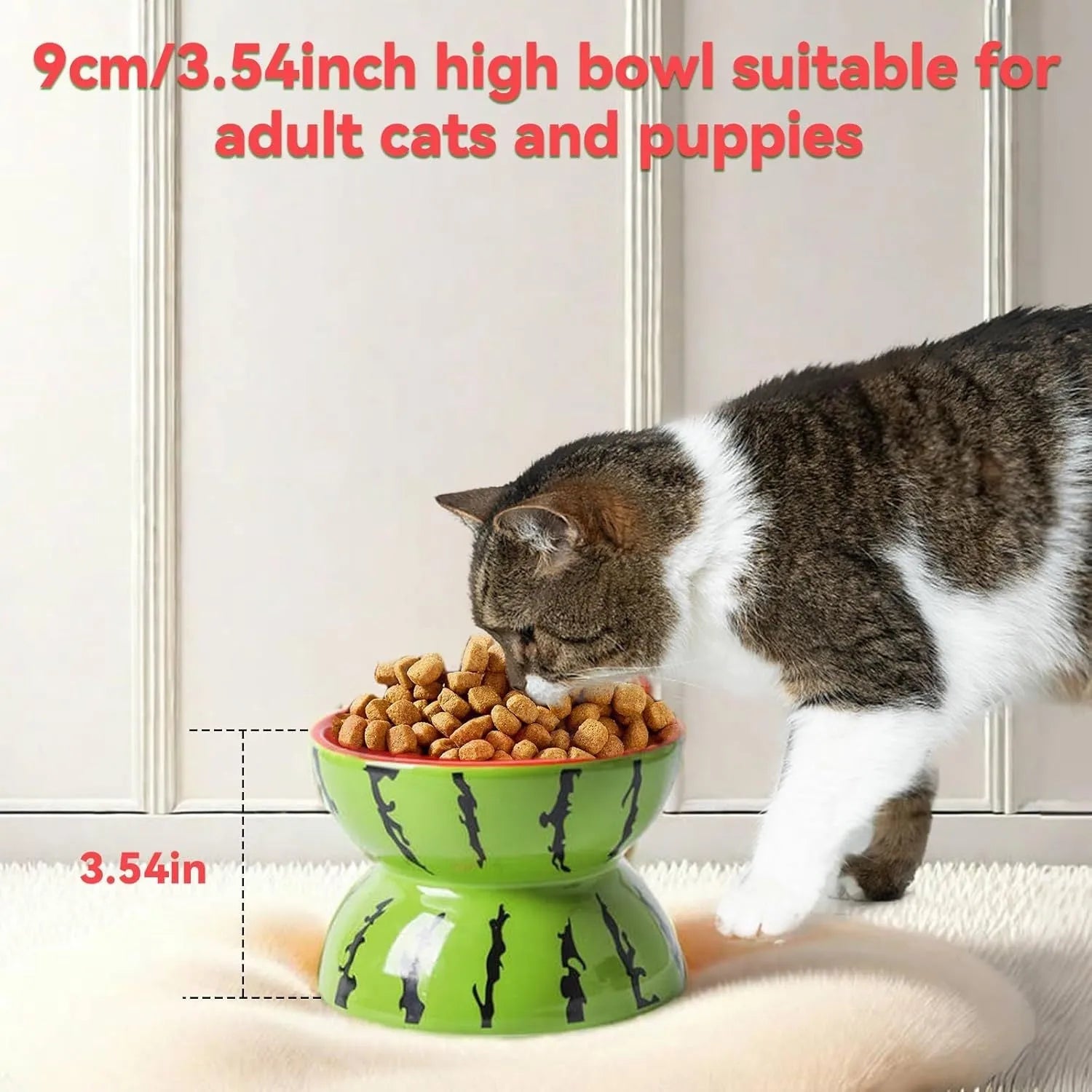 Ceramic raised cat food bowl with tilted design in a colourful pattern, showing slip-resistant base.