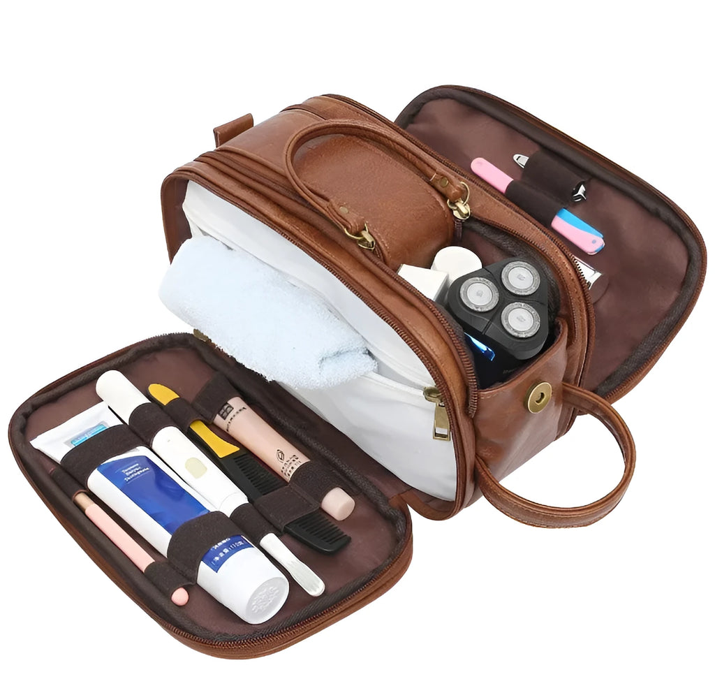 Men's black and brown PU leather toiletry bag for travel storage.