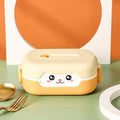 Square plastic lunch box with divided compartments in dark blue, orange, and pink-green colour options
