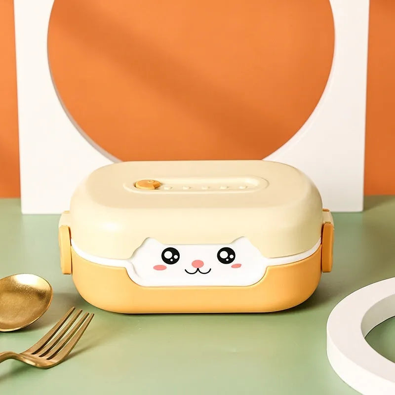 Square plastic lunch box with divided compartments in dark blue, orange, and pink-green colour options