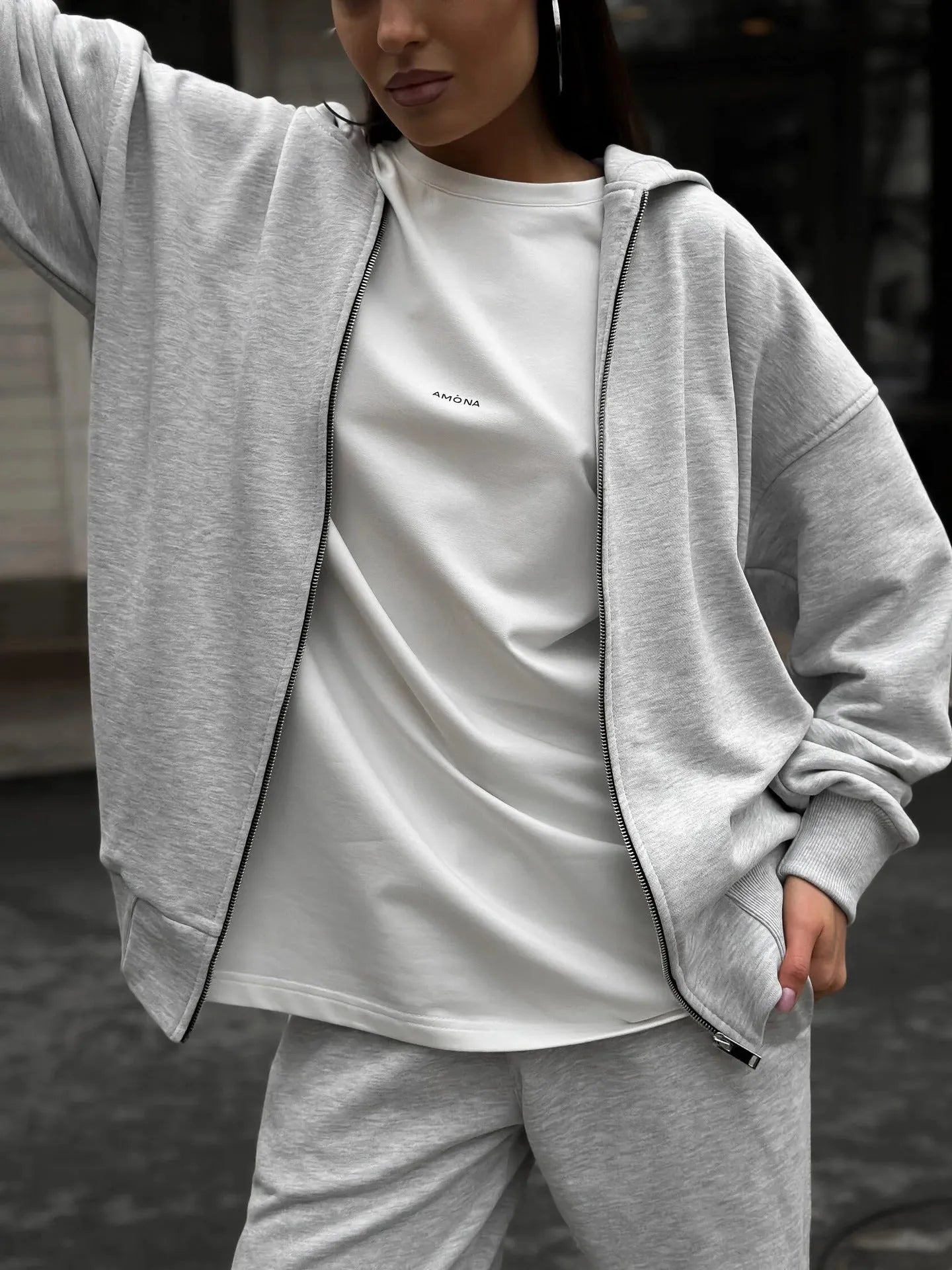Women's street style long-sleeved coat and trousers two-piece set in solid colour