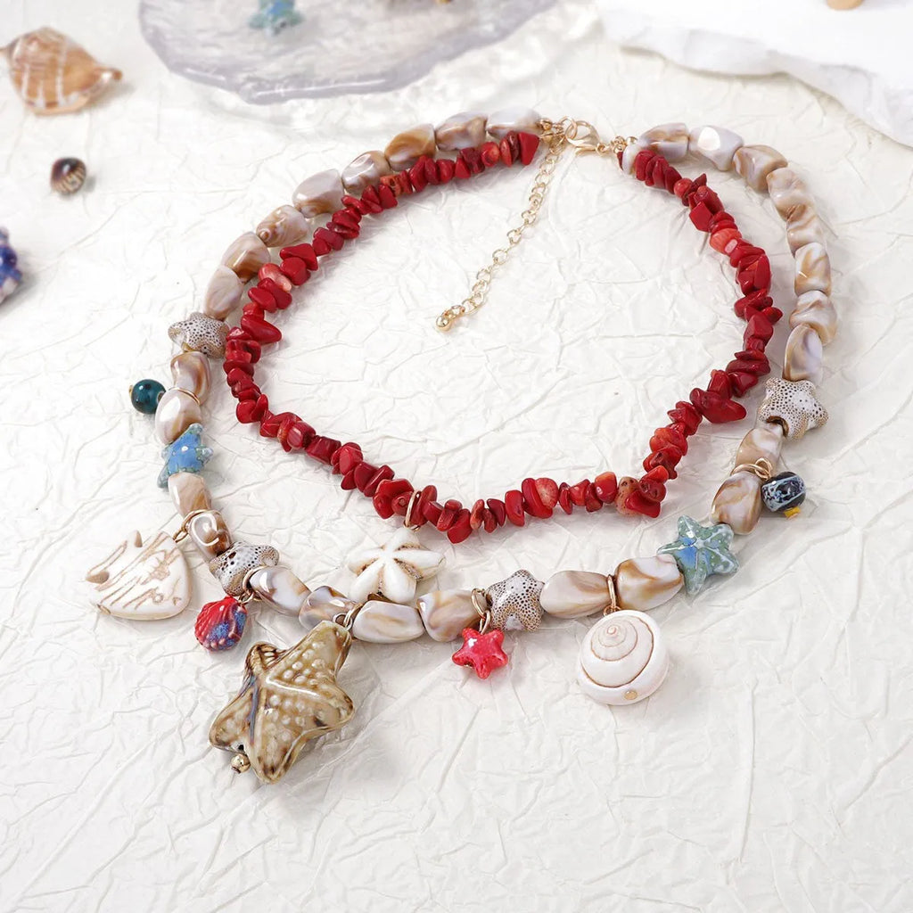Gold marine life clavicle chain necklace with conch shell starfish pendant on zinc alloy chain for women