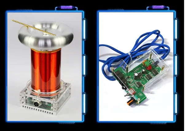 Music Tesla Coil Driver Board with controller, cables, and metal thimble for 20m arc generation.