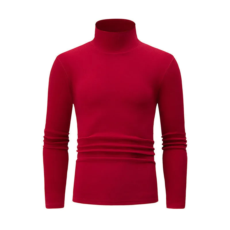 Men's solid colour high-neck polyester base layer top in black, long sleeves, thick fabric for winter warmth