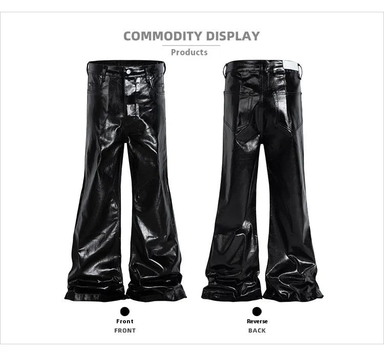 Black coated shiny patent leather skinny jeans in a straight-leg style on a mid waist.
