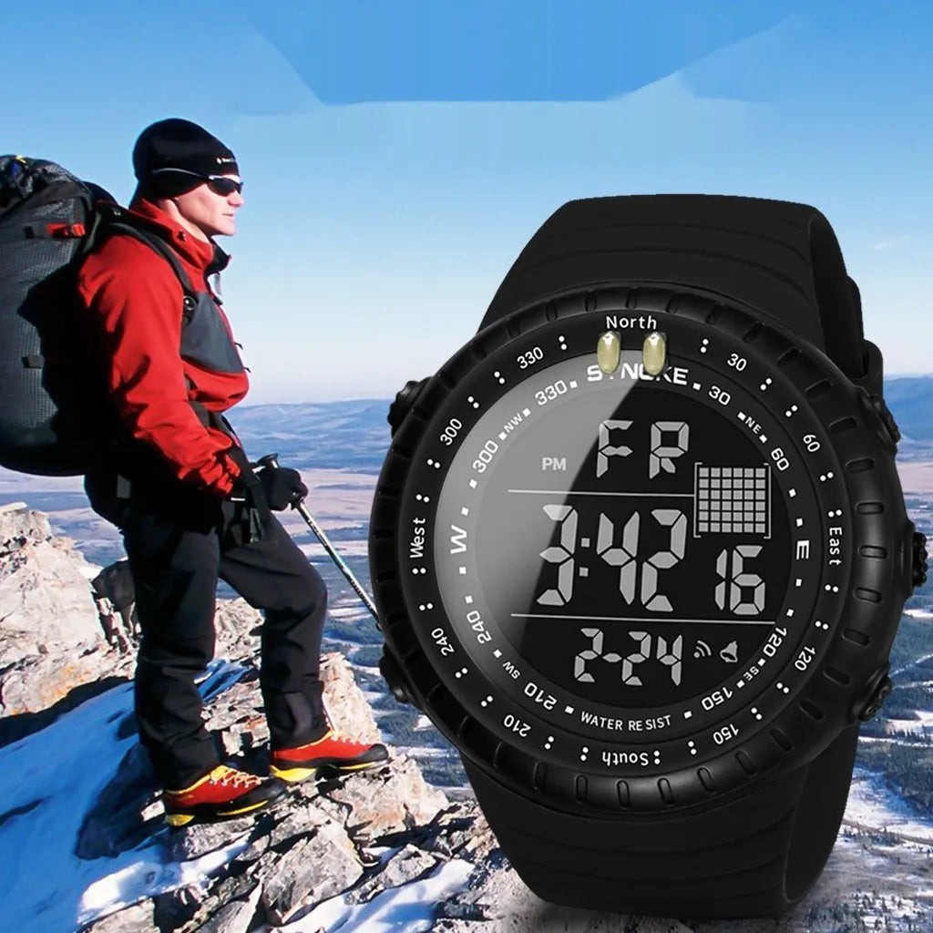 Black men's outdoor electronic watch with 54.74mm dial and WR50M waterproof rating