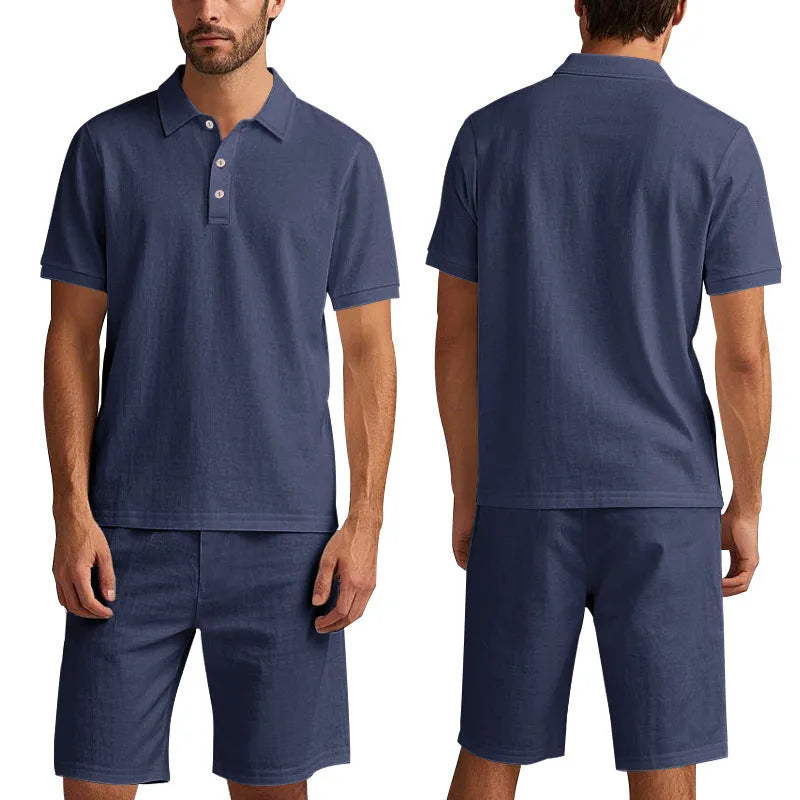 Men's light grey linen shorts suit with short sleeve shirt and matching shorts