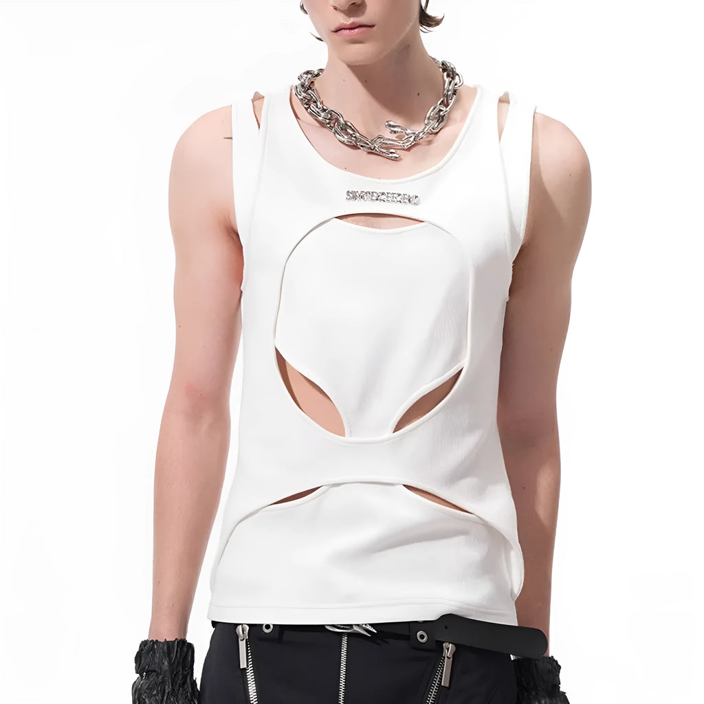Men's black sleeveless waistcoat with hollow thread design and round neck collar