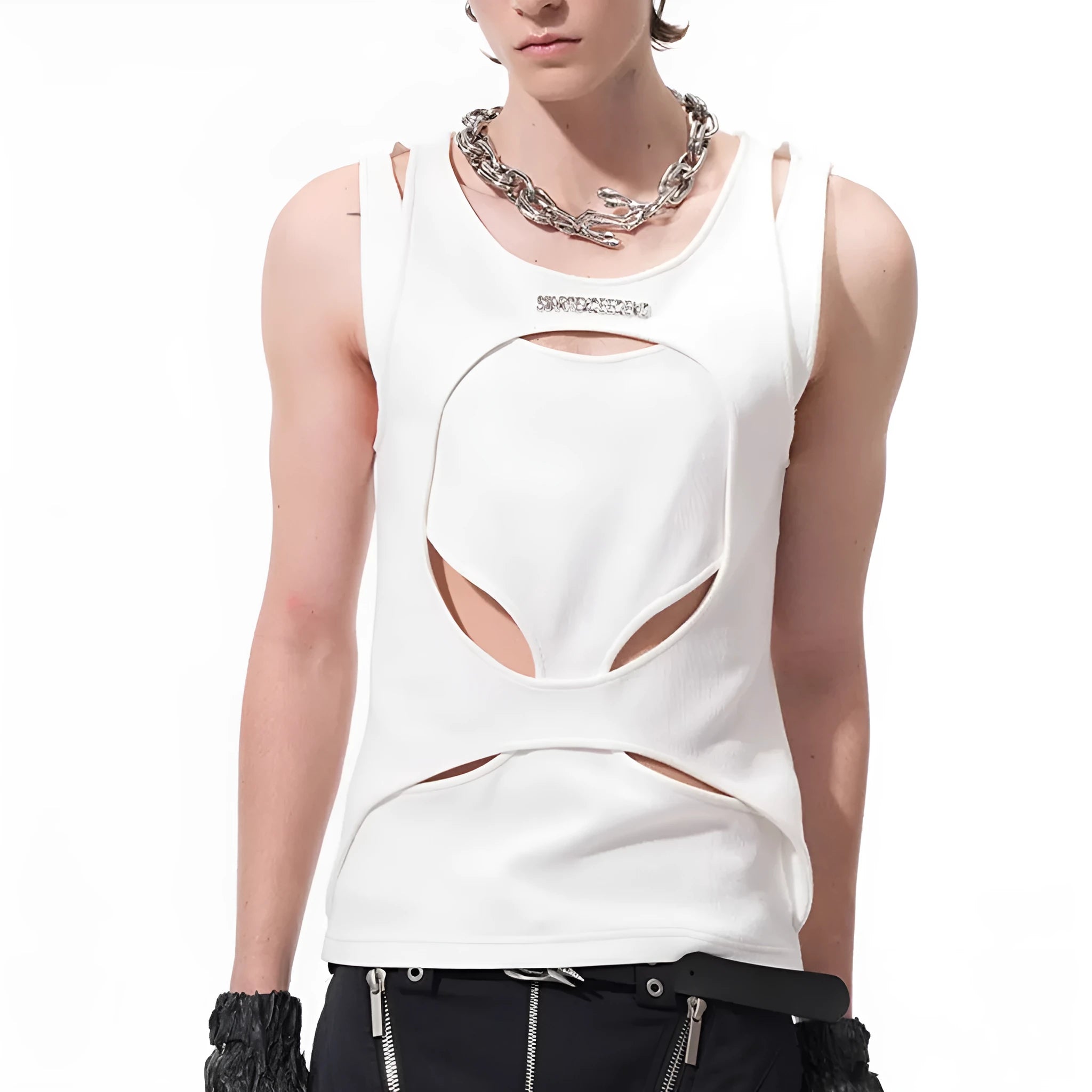 Men's black sleeveless waistcoat with hollow thread design and round neck collar