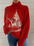Women's Christmas printed turtleneck sweater in macaron colours, loose fit long sleeve pullover.