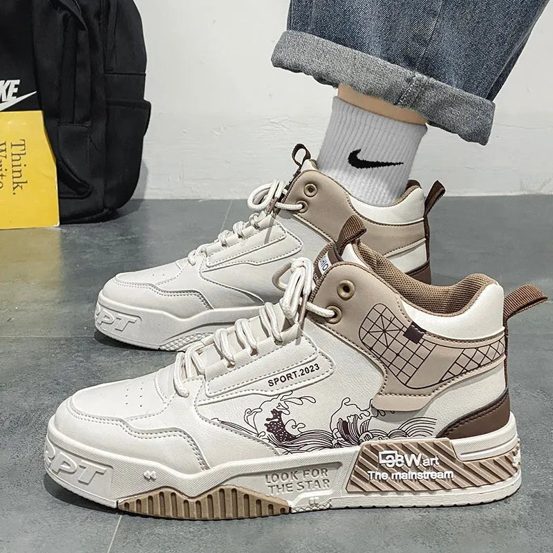Men's high-top board shoes in beige, white and blue colours with lace-up front and rubber sole
