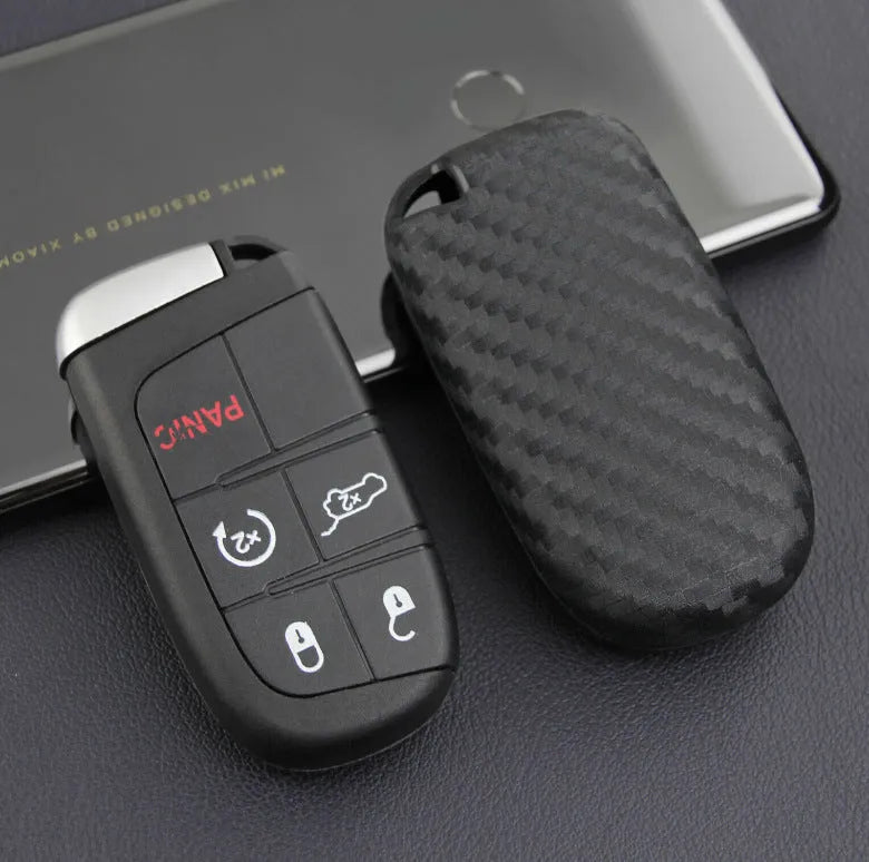 Silicone rubber protective case for Dodge Chrysler Fiat car keys with carbon fibre pattern.