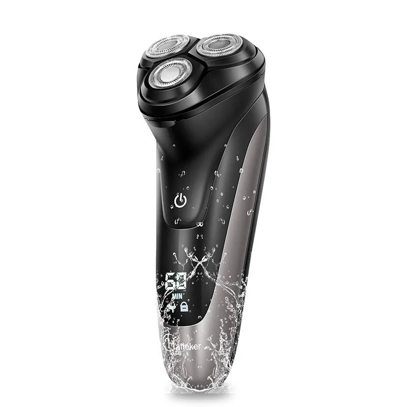Men's electric shaver with three rotating floating cutter heads and pop-up sideburn trimmer