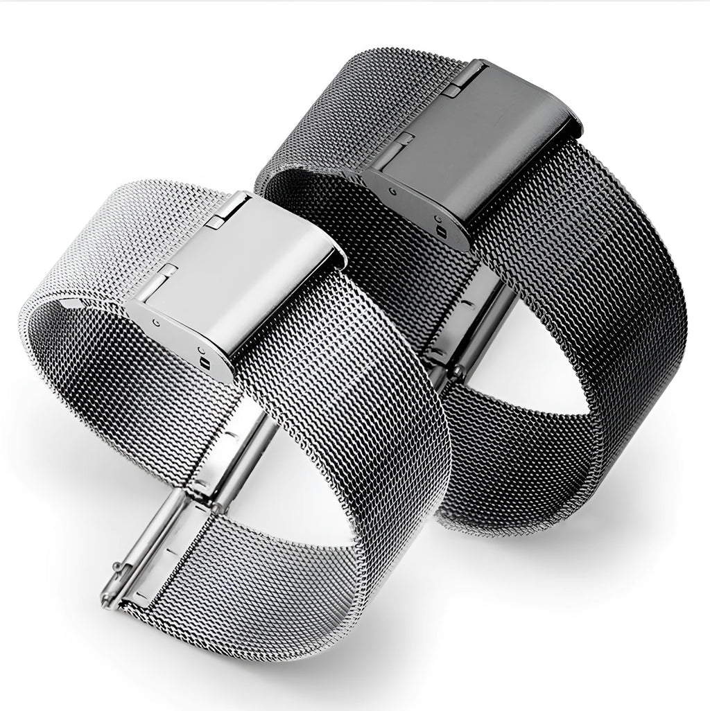 Milani woven stainless steel watch band showing silver, black, rose gold and gold colour options