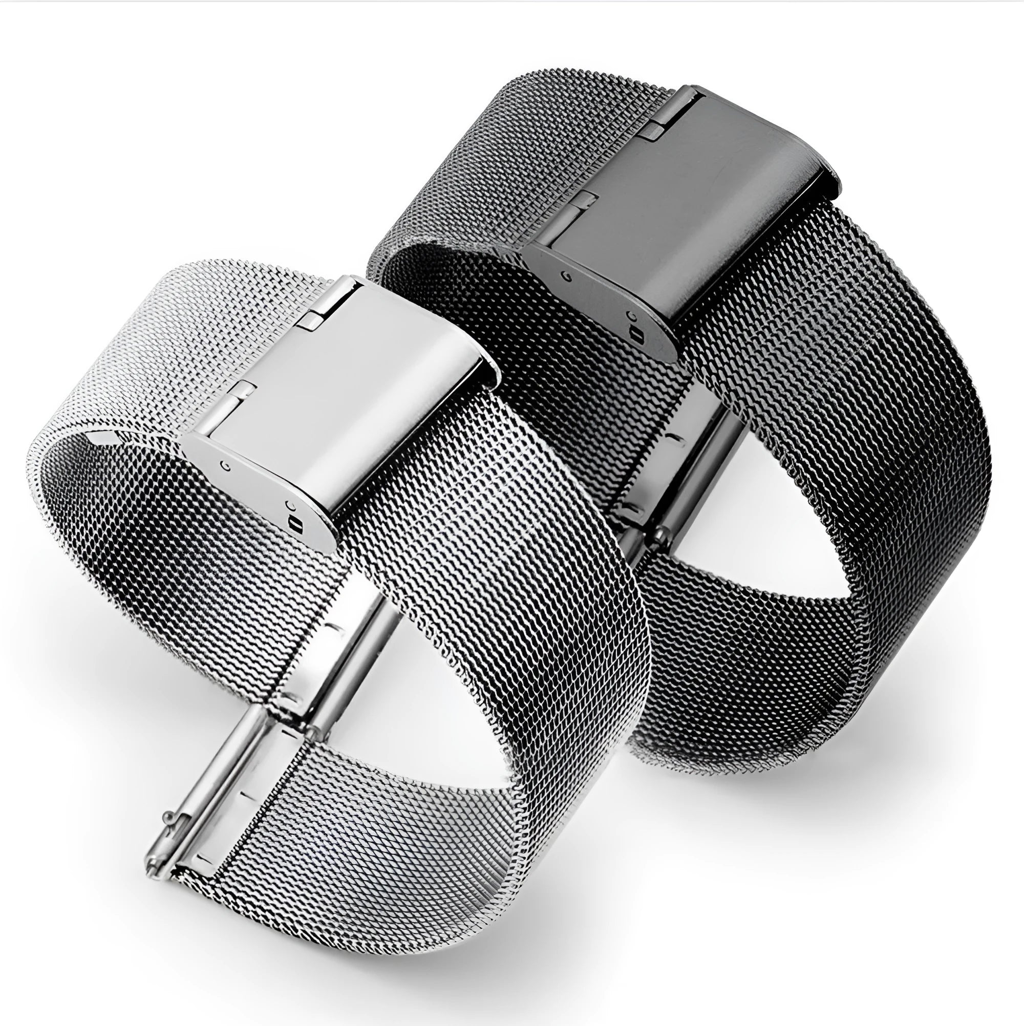 Milani woven stainless steel watch band showing silver, black, rose gold and gold colour options