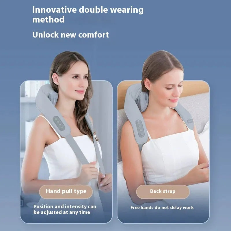 Grey elastic fabric neck massager with USB charging cable showing infrared physiotherapy function