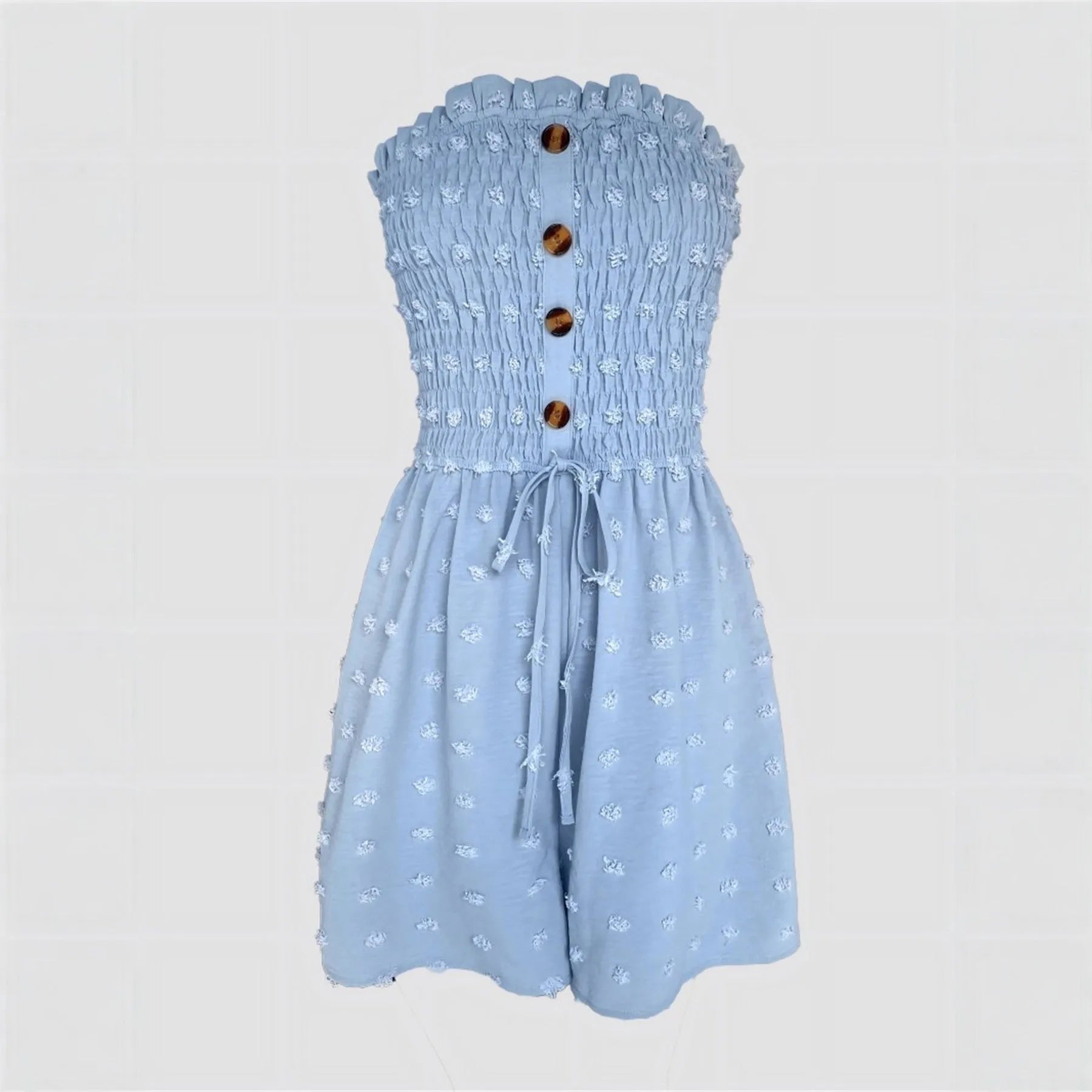 Women's sleeveless off-shoulder jumpsuit in polyester fabric showing button detailing and elastic waist