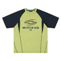 Men's blue hip hop letter print T-shirt with raglan sleeves, laid flat.