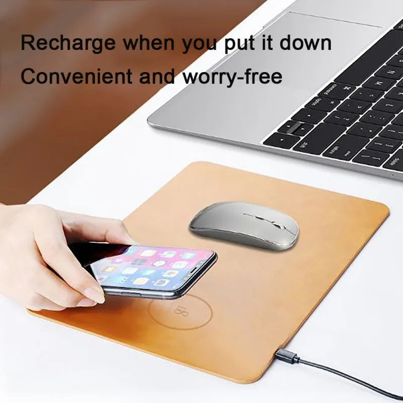 Brown leather wireless charging mouse pad with Qi fast charging capability